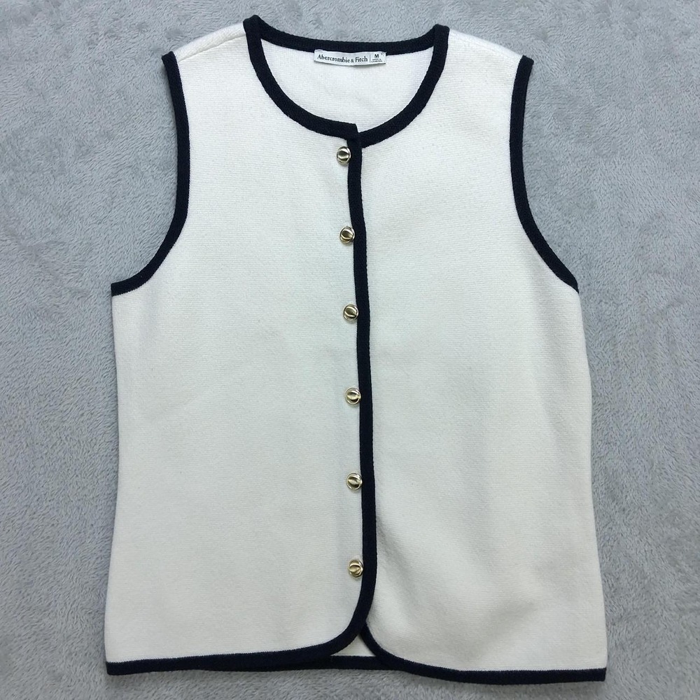 Abercrombie & Fitch Womens Medium Cream Black Trim Button Front Sweater Vest